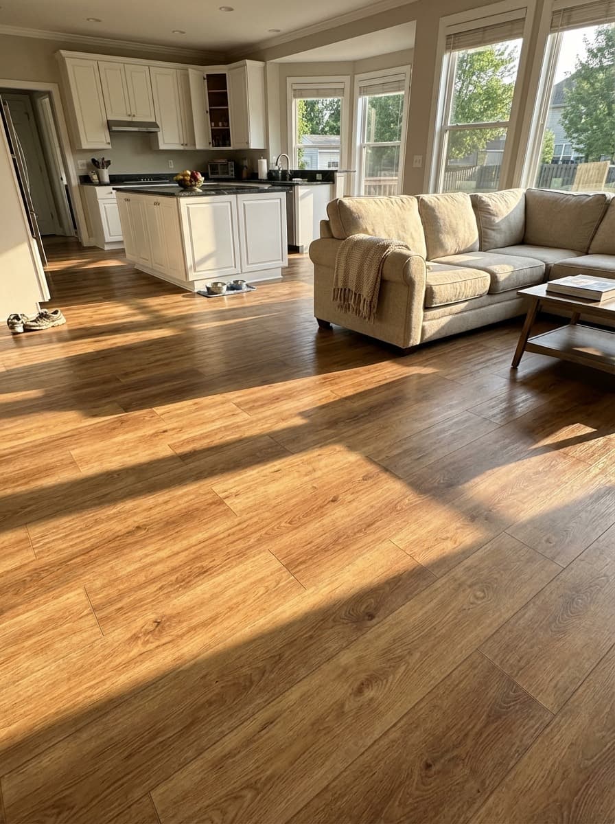 Beautiful hardwood flooring in a sunlit living room