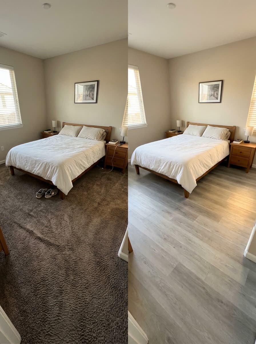 Bedroom before and after, dark carpet replaced with light grey LVP