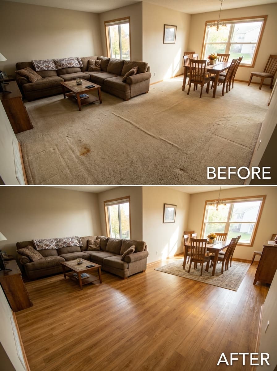 Living and dining room before and after, full carpet to hardwood transformation