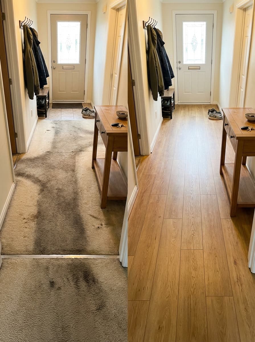 Hallway before and after, stained carpet replaced with LVP