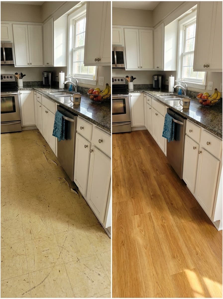 Kitchen flooring before and after, old vinyl replaced with LVP