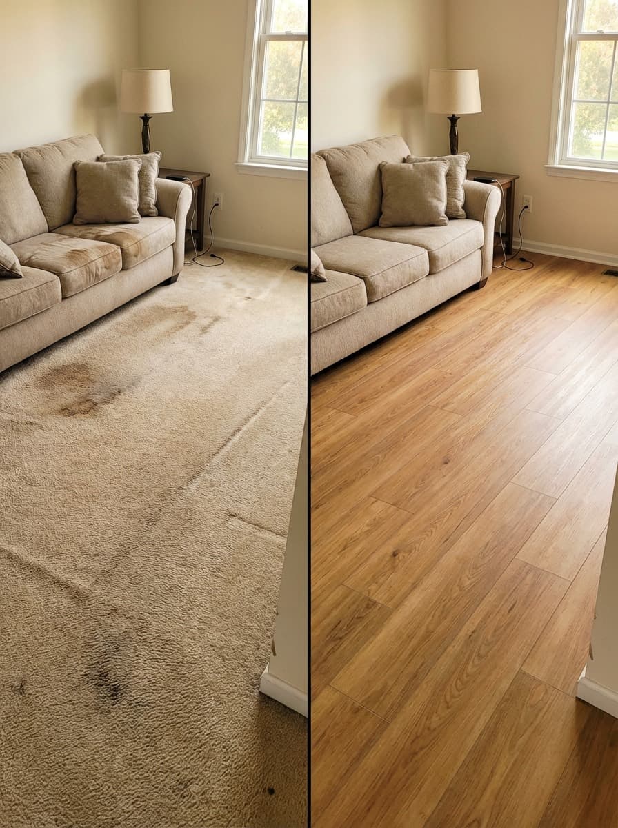 Living room before and after, stained carpet replaced with hardwood