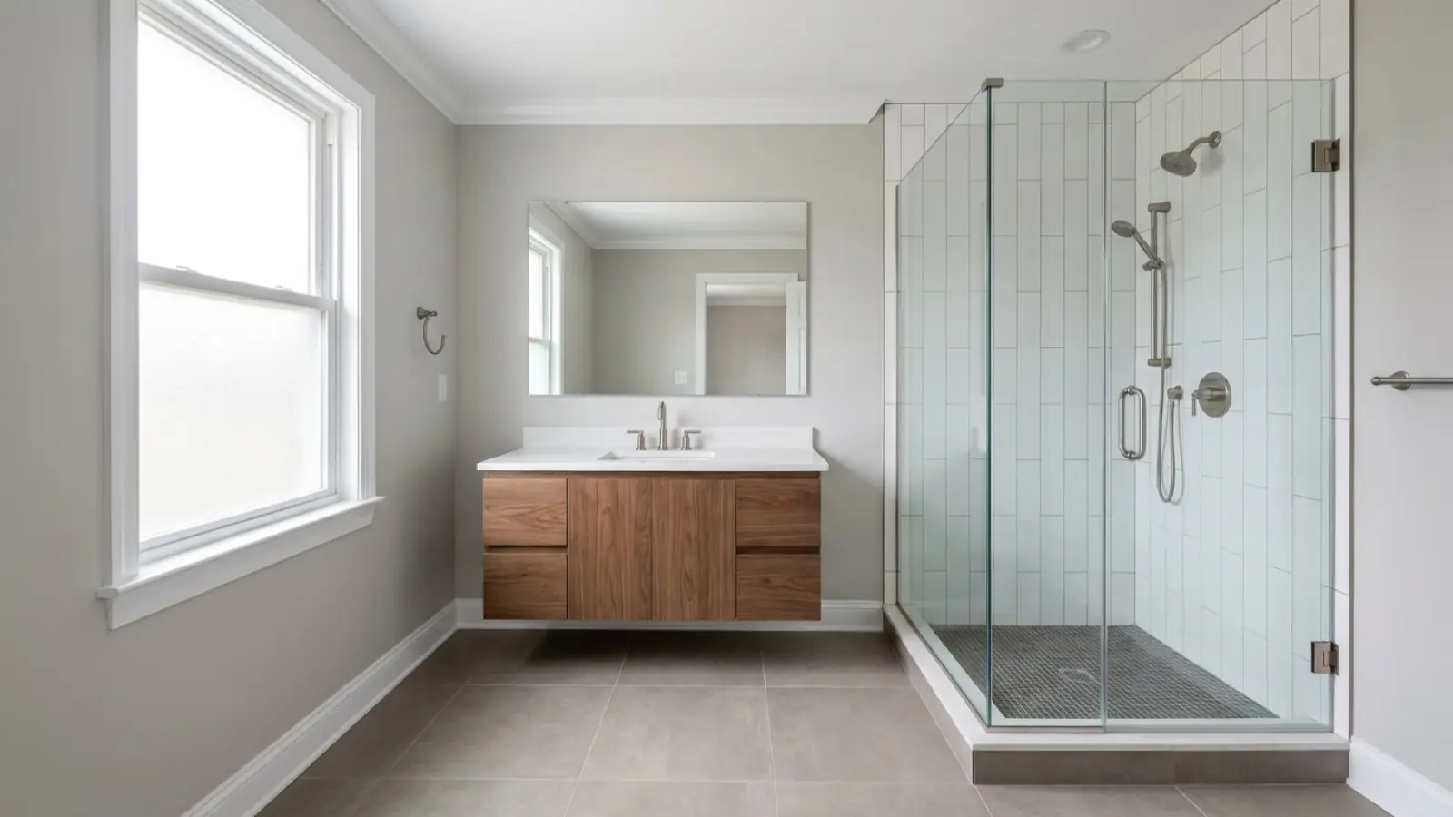 Representative view of a completed bathroom with a tiled floor and shower