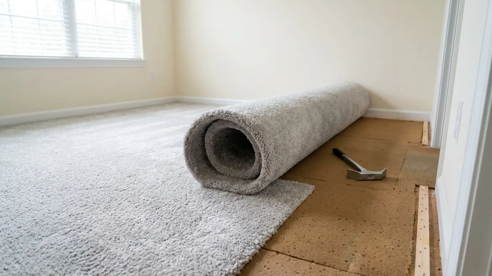 Representative view of residential carpet installation over fresh padding