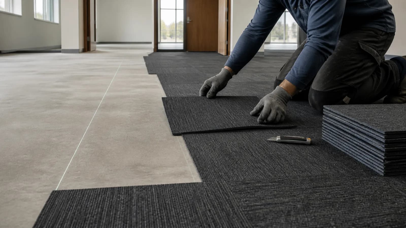 Representative view of commercial carpet tile installation in a modern office