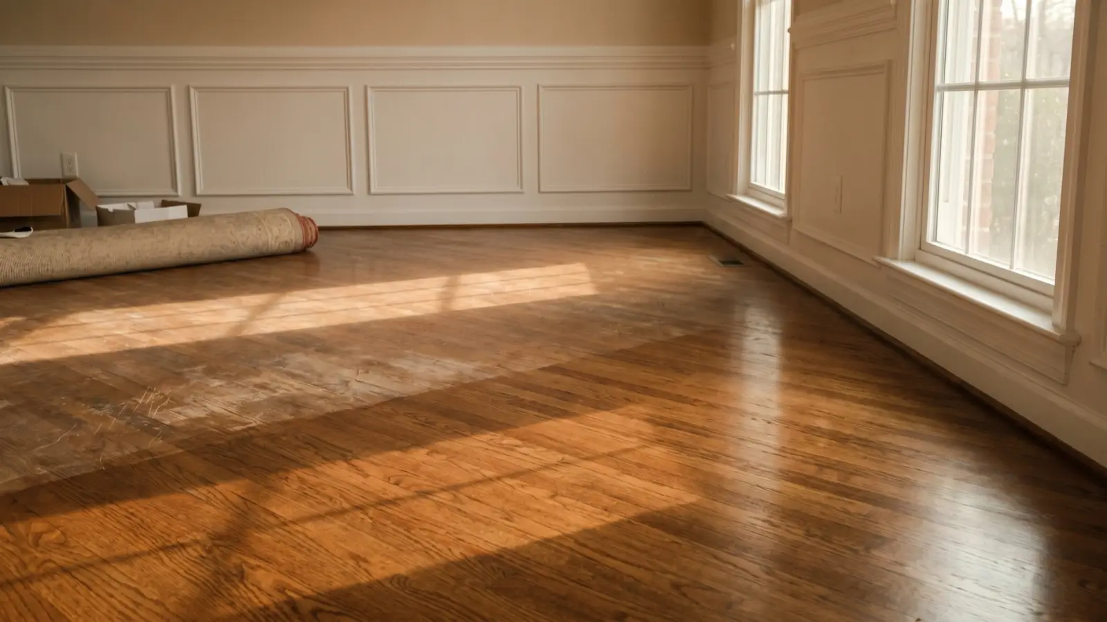 Representative view of a hardwood floor with worn and refinished sections