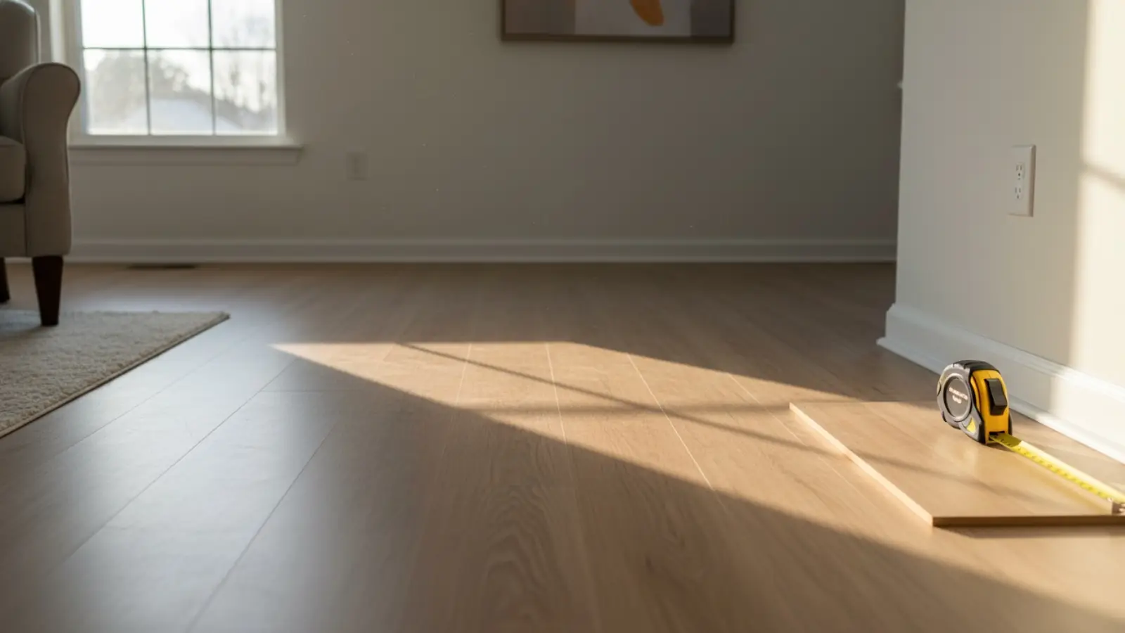 Representative view of laminate plank flooring and measuring tools in a residential room