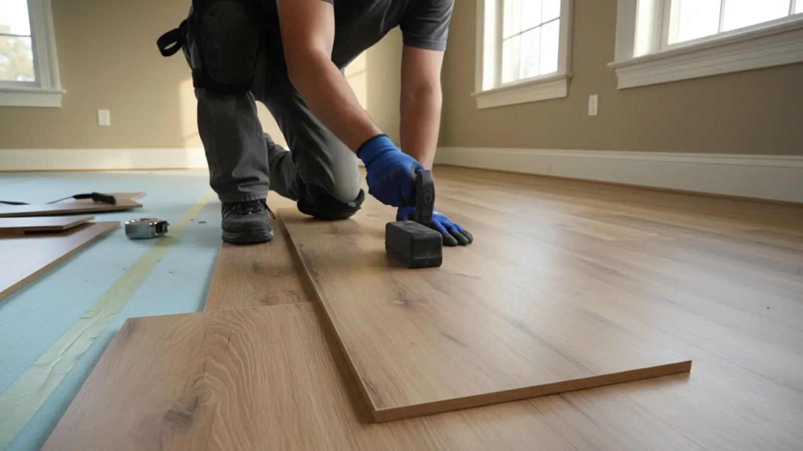 Representative view of luxury vinyl plank flooring being installed in a residential room