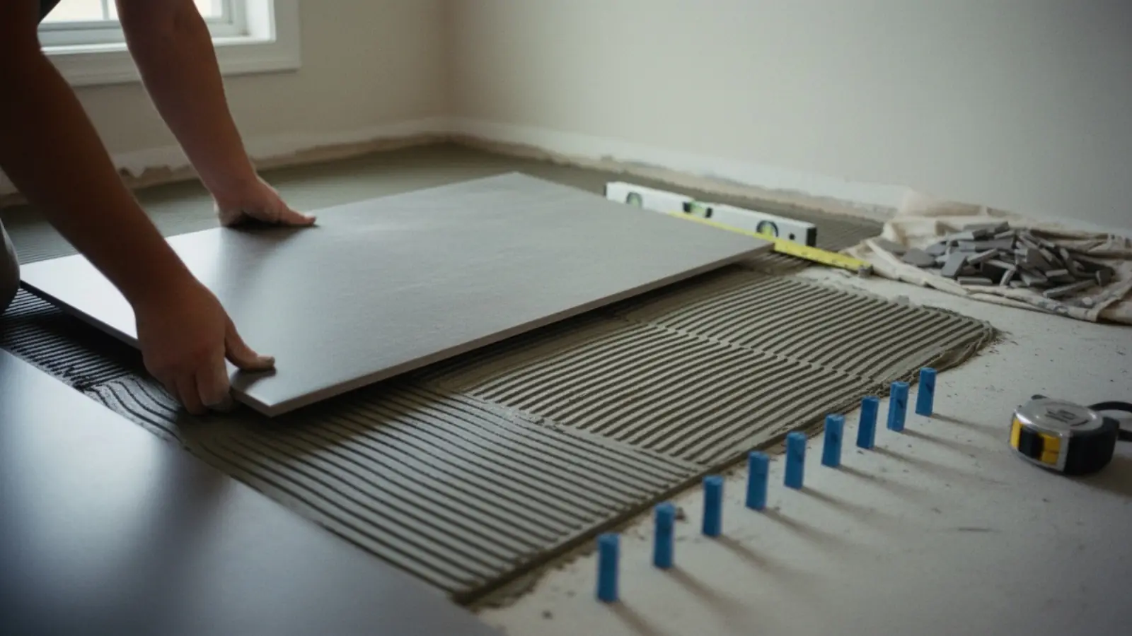Representative view of ceramic tile flooring being installed with spacers and mortar