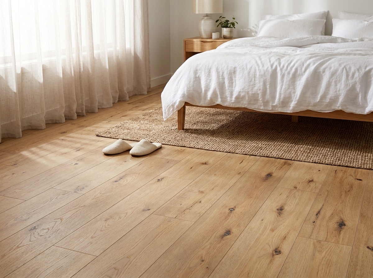 Bryant Park luxury vinyl plank flooring installed in a bright bedroom — warm blonde oak LVP with rustic knots by DuraLux Performance