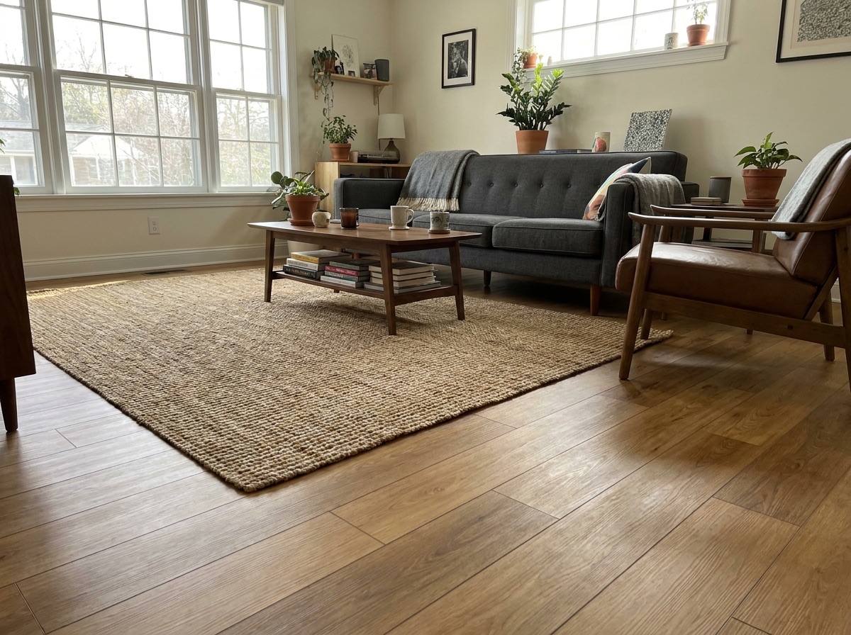 Cedar Point cork-backed luxury vinyl plank flooring installed in a mid-century living room — warm golden oak LVP by NuCore