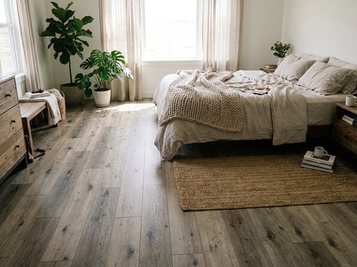 Everwood Falls cork-backed luxury vinyl plank flooring installed in a master bedroom — weathered rustic greige LVP by NuCore