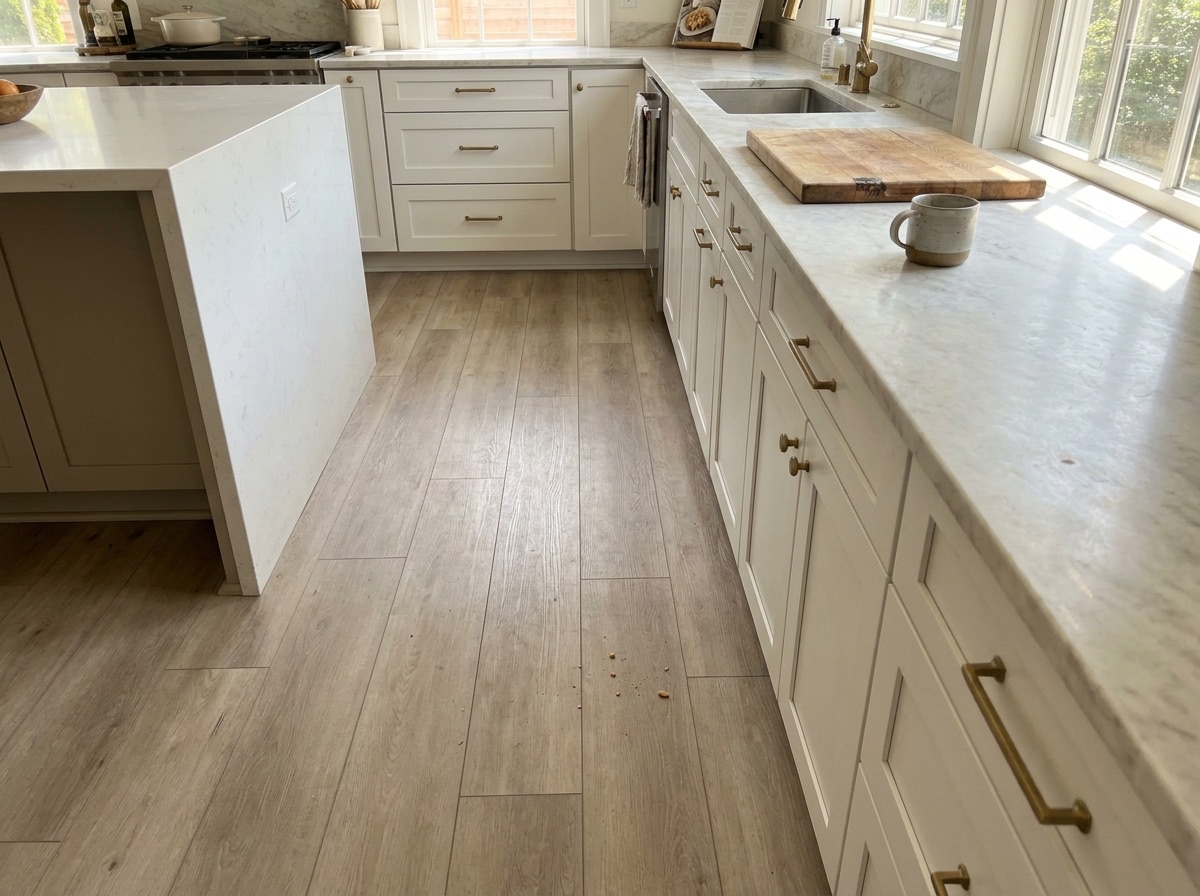 Lorraine Sienna luxury vinyl plank flooring installed in a modern kitchen with white shaker cabinets — light taupe-beige LVP by DuraLux Performance