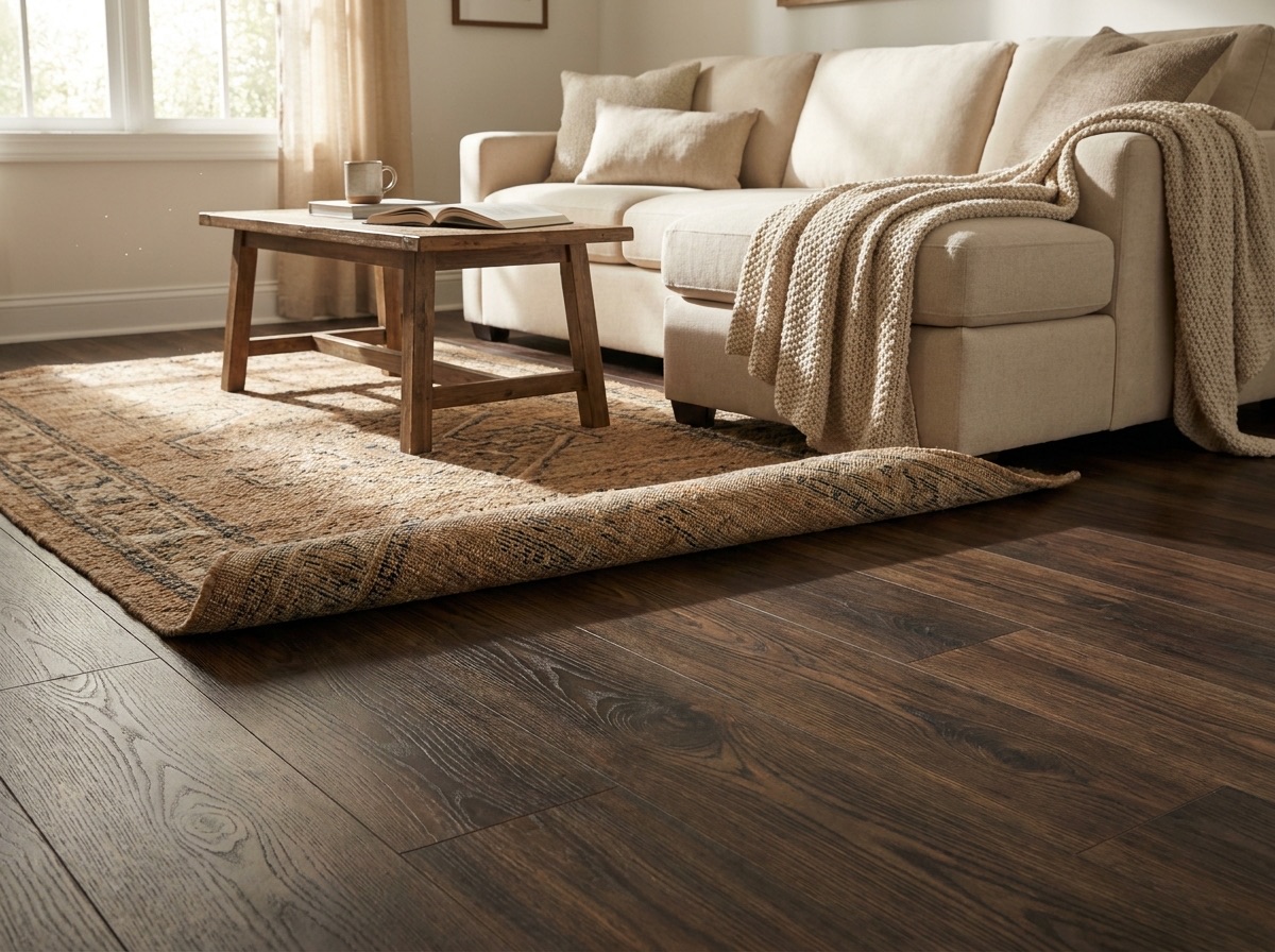 Pembrook Pass luxury vinyl plank flooring installed in a cozy living room — deep espresso brown waterproof LVP by DuraLux Performance