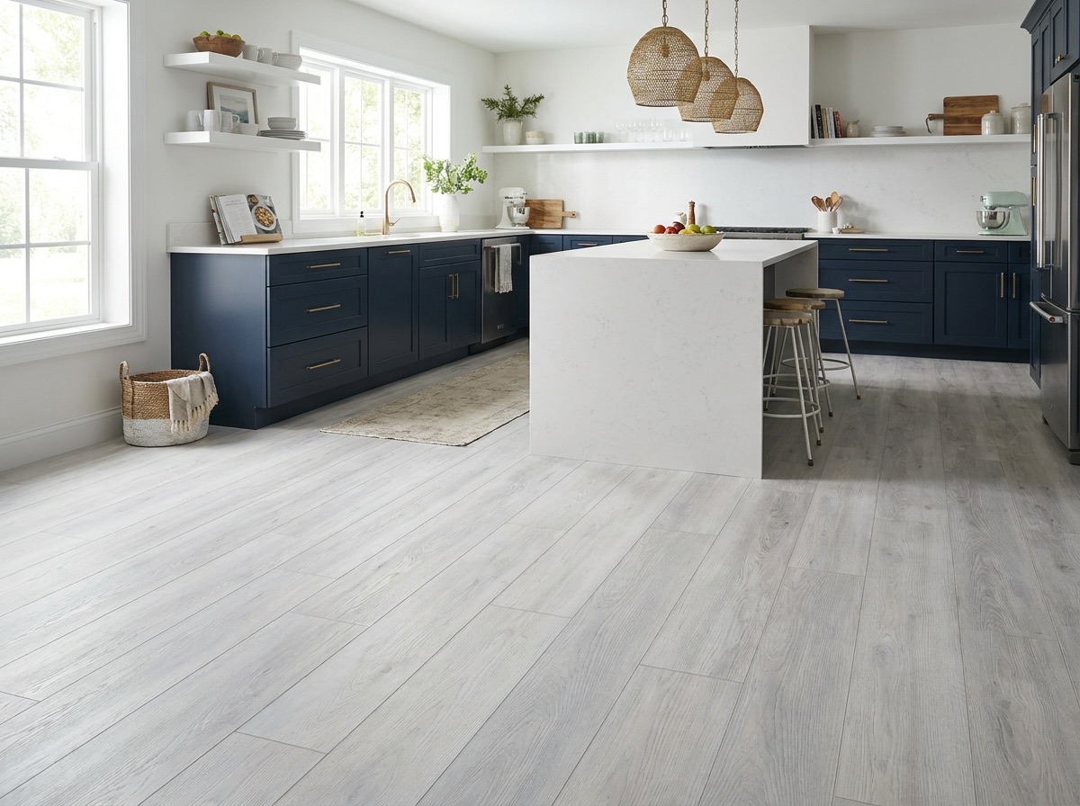 Ralston cork-backed luxury vinyl plank flooring installed in a contemporary navy-cabinet kitchen — pale whitewashed grey LVP by NuCore